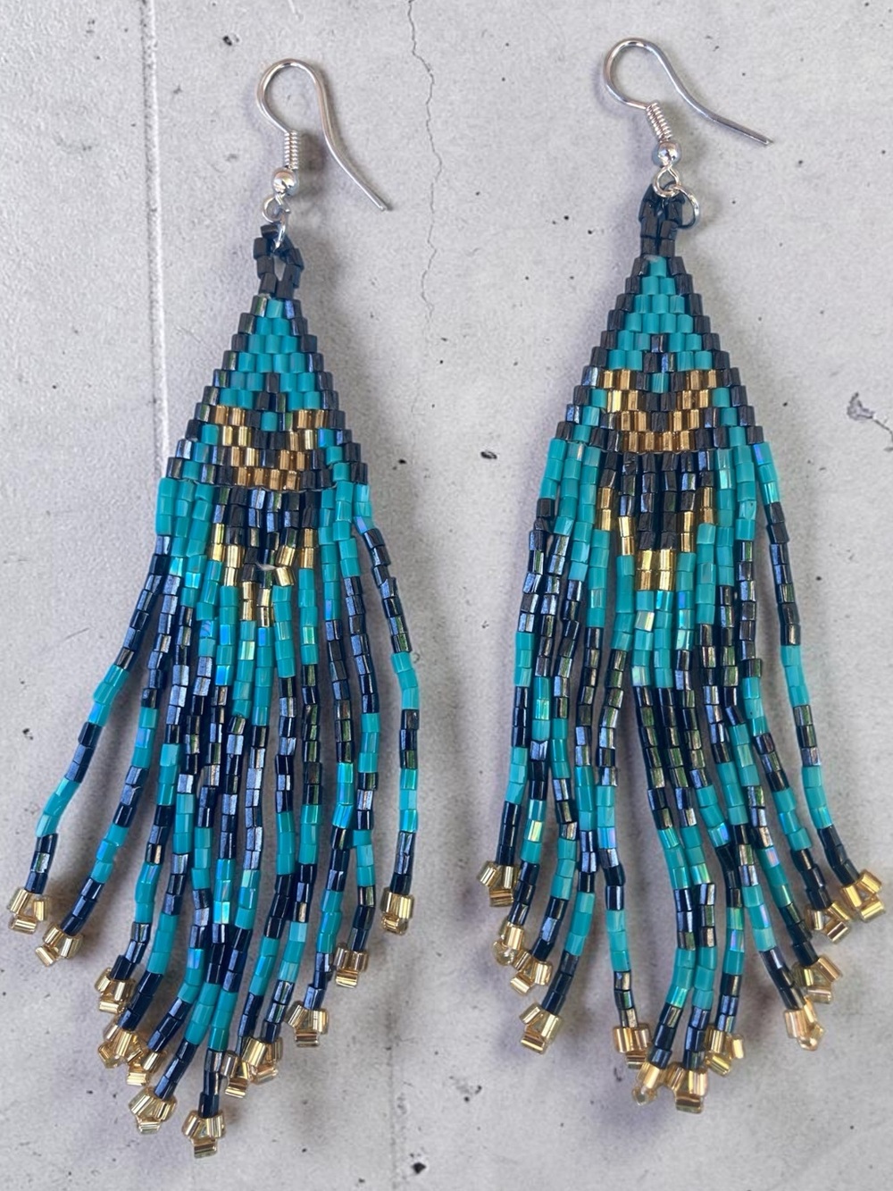 Handmade Turquoise & black Seed Bead Fringe Earrings with Gold Accents